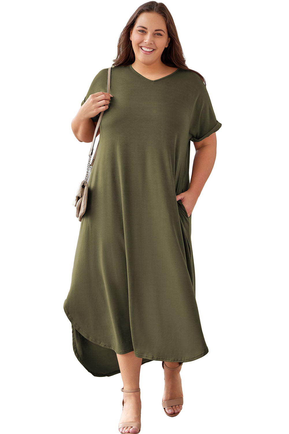 Green Plus Size V Neck Rolled Cuffs Maxi Dress-19