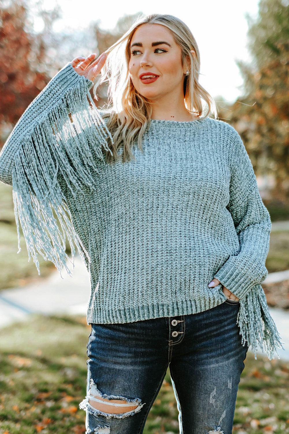 Gray Plus Size Fringed Long Sleeve Knit Sweater-3