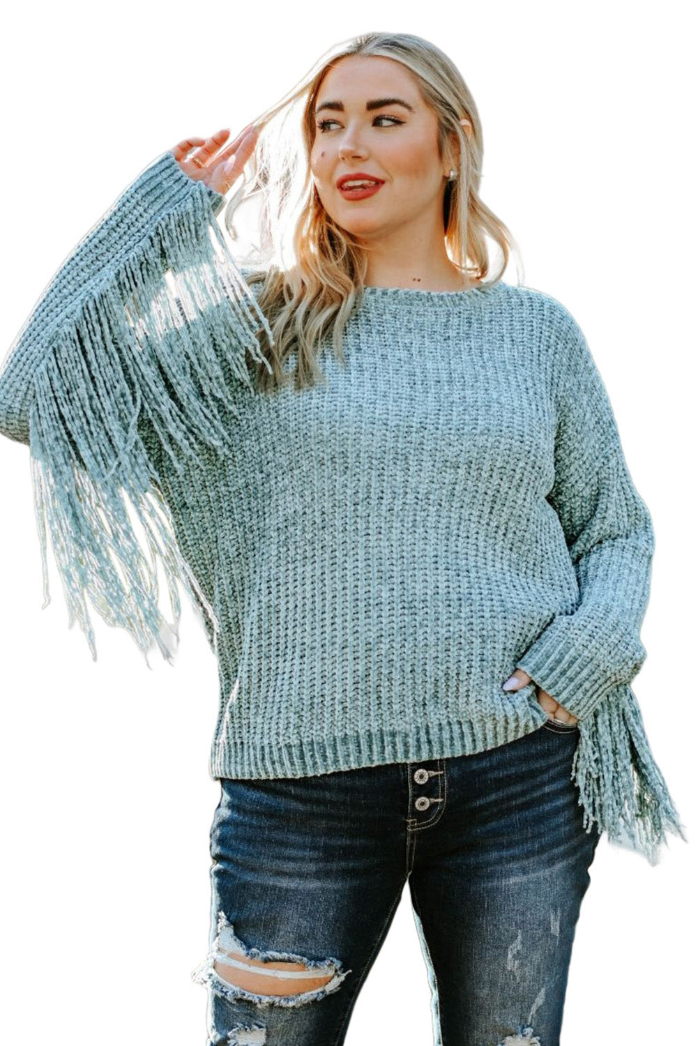 Gray Plus Size Fringed Long Sleeve Knit Sweater-7