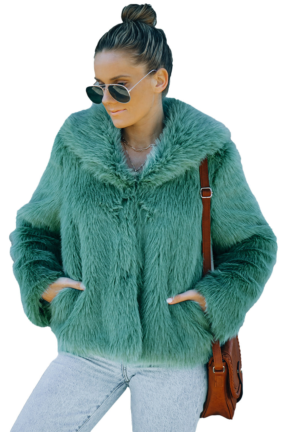 Green Collared Side Pockets Winter Fuzzy Coat-9