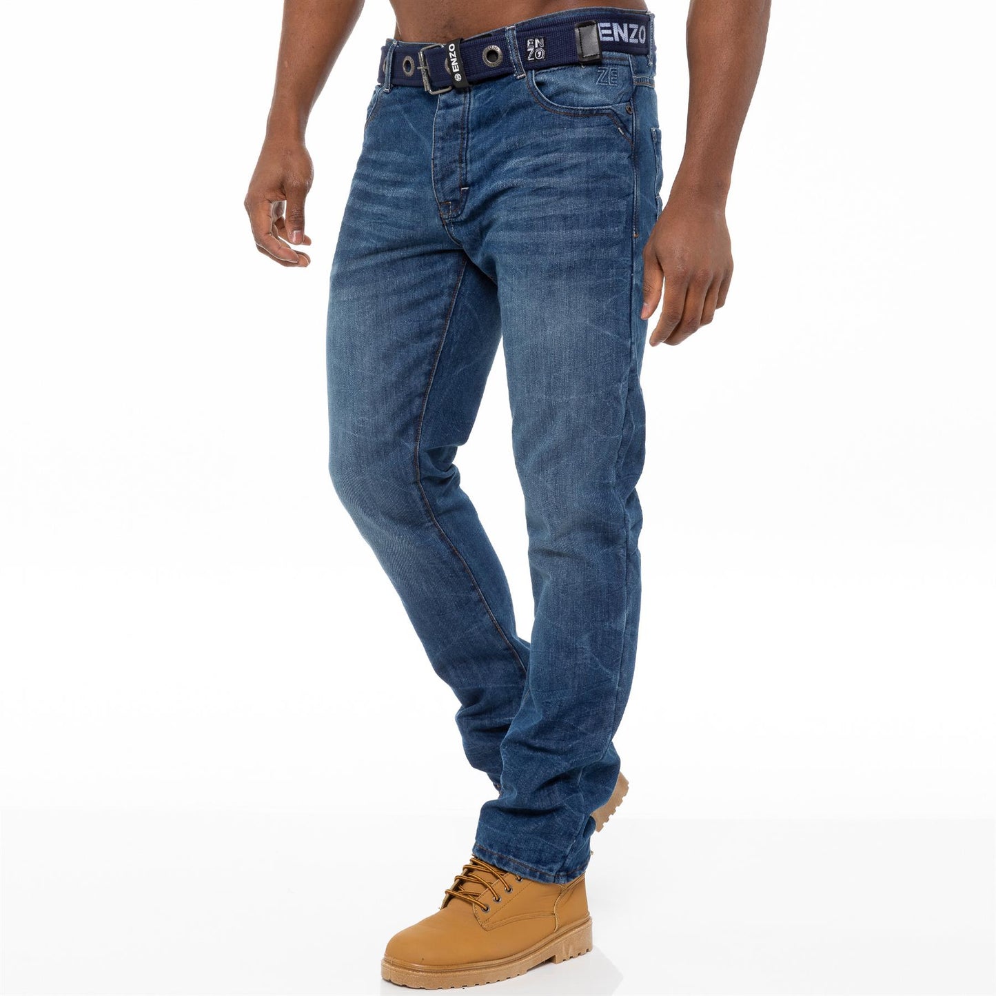 Enzo Mens Jeans Straight Leg Denim Pants Regular Fit Free Belt Trousers UK Sizes