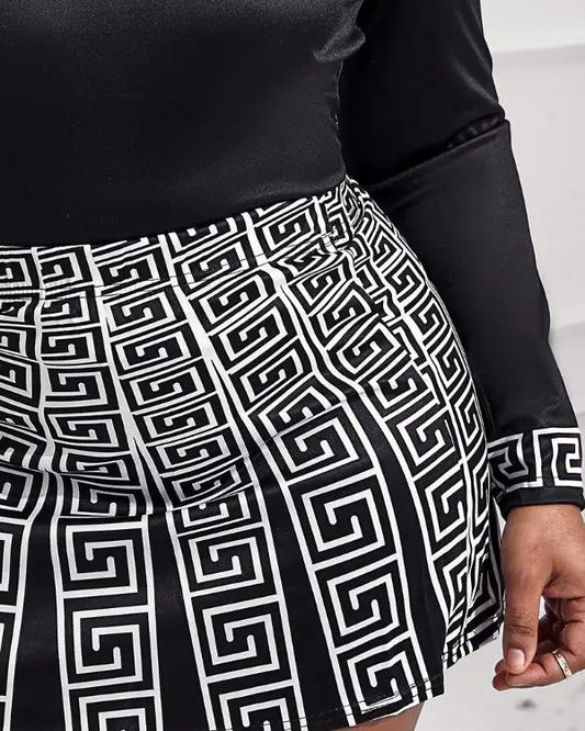 Geometric Print Long Sleeve Top & Pleated Skirt Set