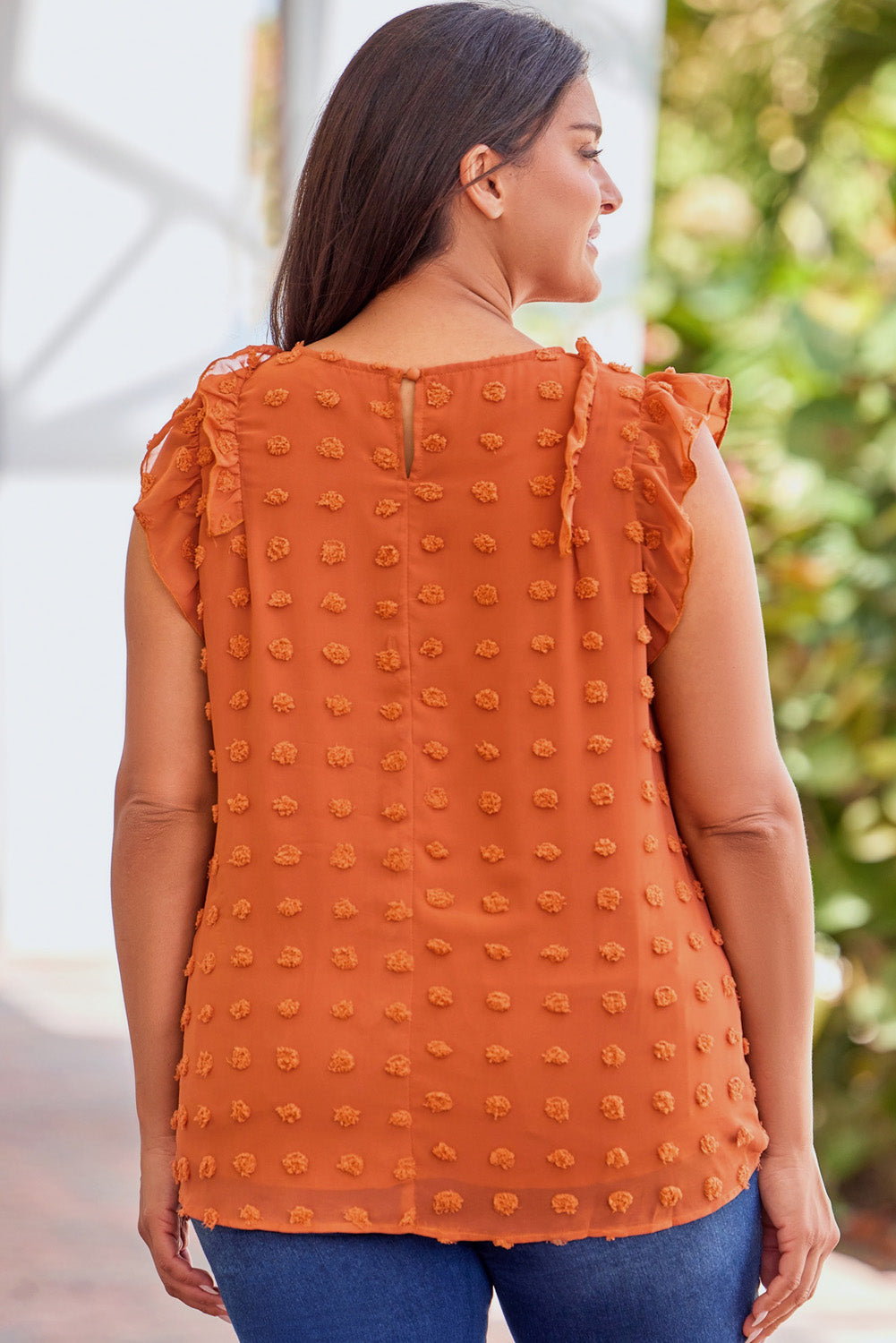 Orange Sheer Ruffle Detail Swiss Dot Curvy Tank Top-1