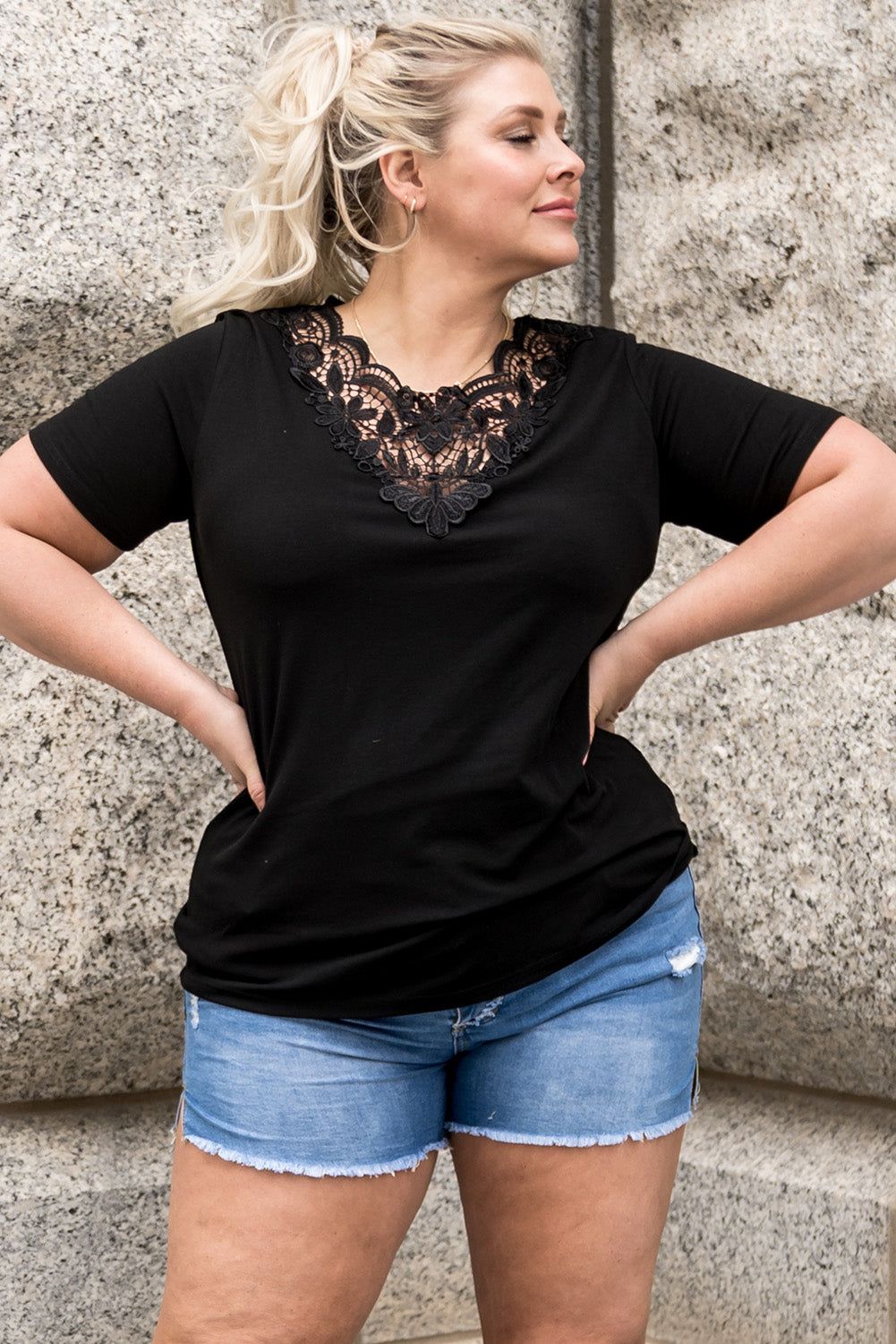 Black Plus Size Crochet Stitching Short Sleeve Top-3