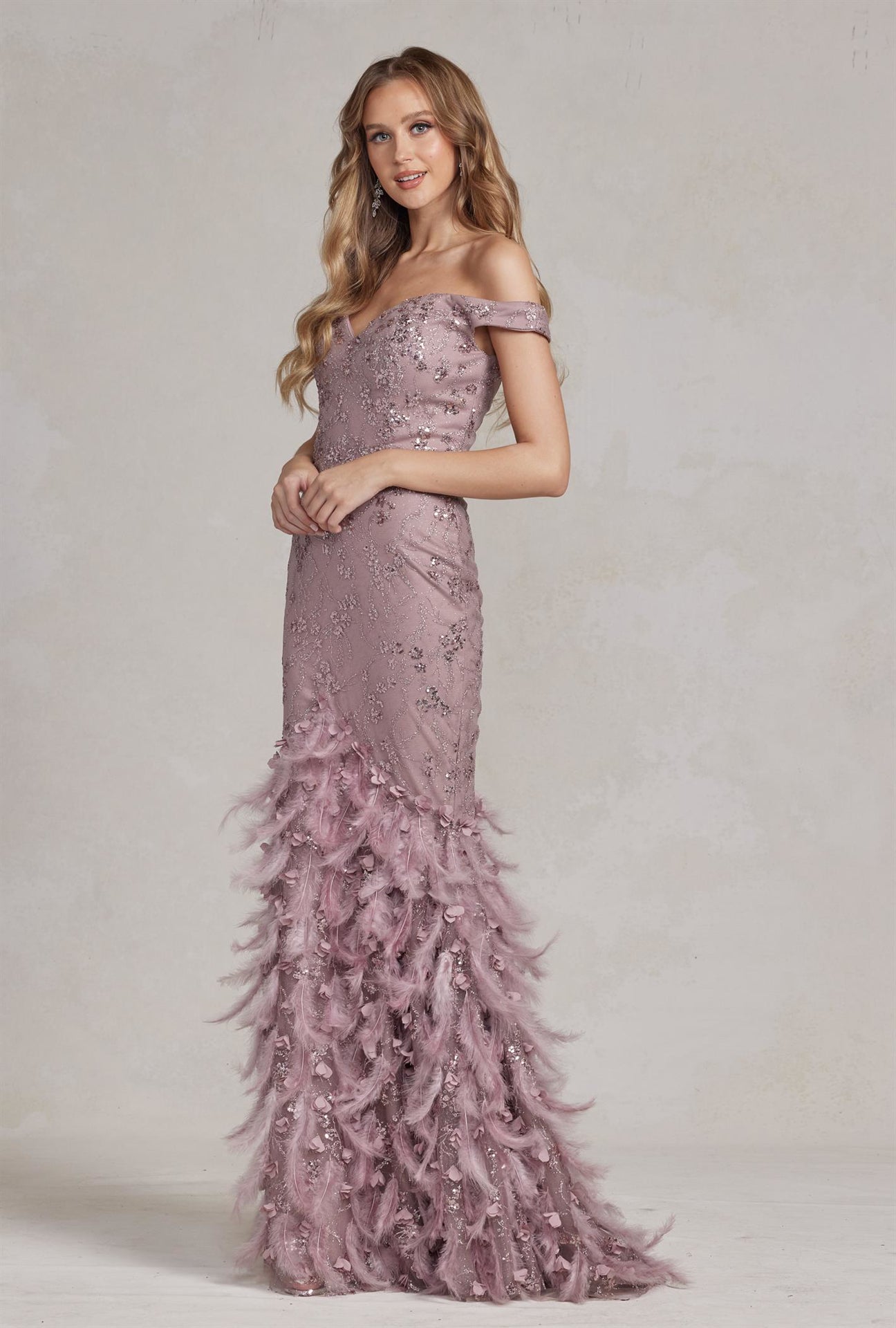 Off Shoulder Sweetheart Open Back Mermaid Feather Embellished Long Prom Dress NXC1106-9