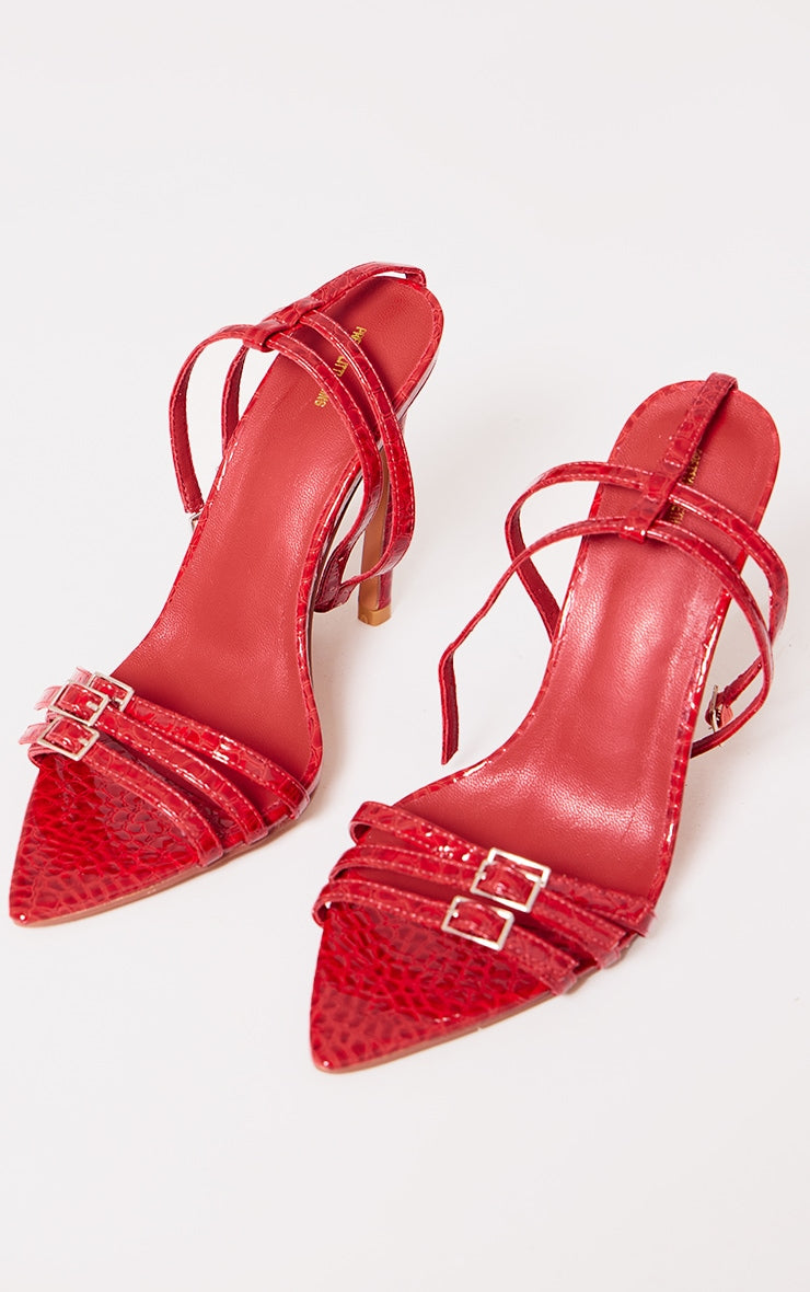 Cherry Red PU Croc Buckle Detail Heeled Sandals