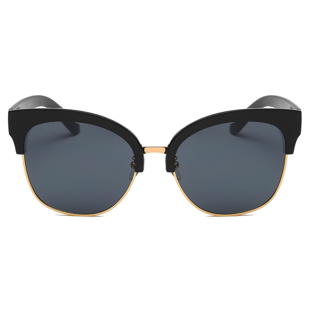 JENISON | Flat Mirrored Lens Clubmaster Horned Rim Sunglasses-5