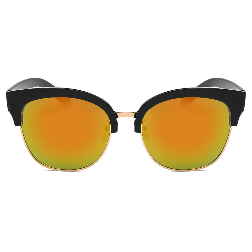 JENISON | Flat Mirrored Lens Clubmaster Horned Rim Sunglasses-9