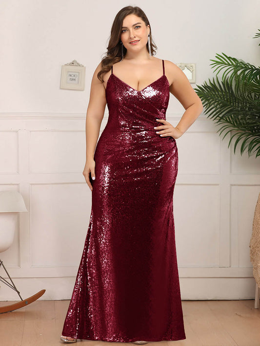 Sexy Spaghetti Straps Fishtail Sequin Wholesale Plus Size Evening Gowns