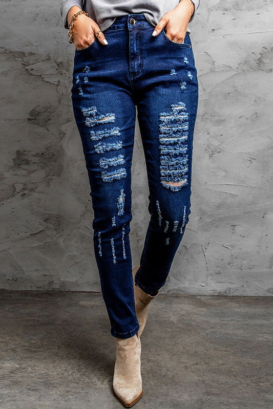 Mid Rise Holes Skinny Jeans
