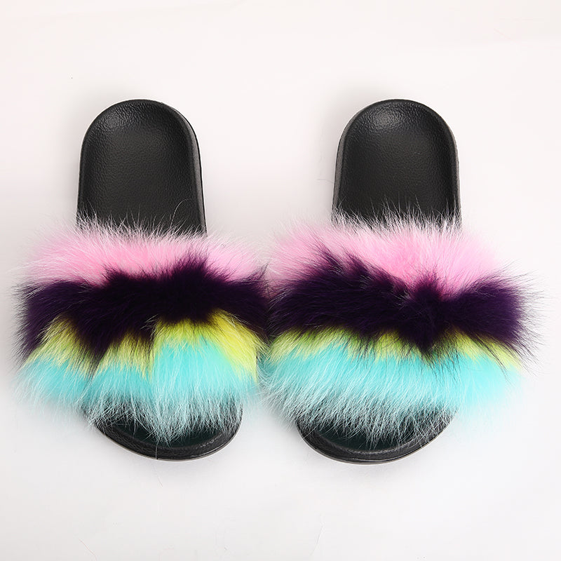 fur slides for women REAL BIG FURRY slippers flush soft raccoon outdoor slider sandals fox fur slipper