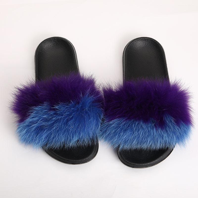 fur slides for women REAL BIG FURRY slippers flush soft raccoon outdoor slider sandals fox fur slipper