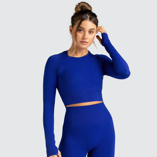 Seamless Pure Color Fitness Slim Breathable Tops Yoga Sports Gym Tight Long Sleeve Shirt For Women