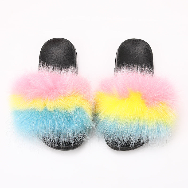 fur slides for women REAL BIG FURRY slippers flush soft raccoon outdoor slider sandals fox fur slipper