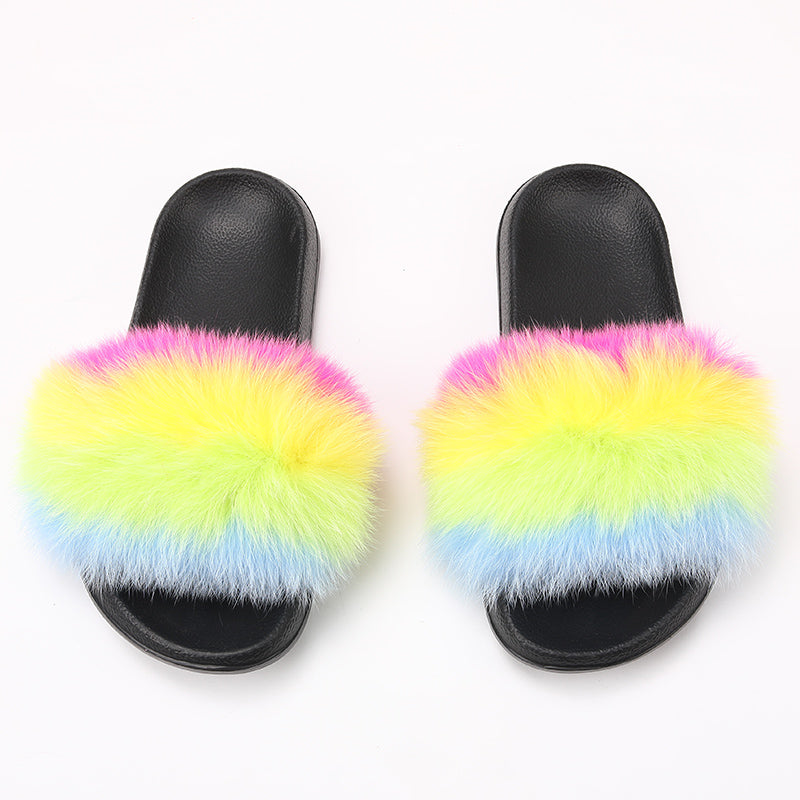 fur slides for women REAL BIG FURRY slippers flush soft raccoon outdoor slider sandals fox fur slipper