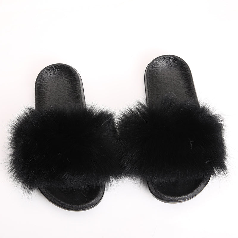 fur slides for women REAL BIG FURRY slippers flush soft raccoon outdoor slider sandals fox fur slipper