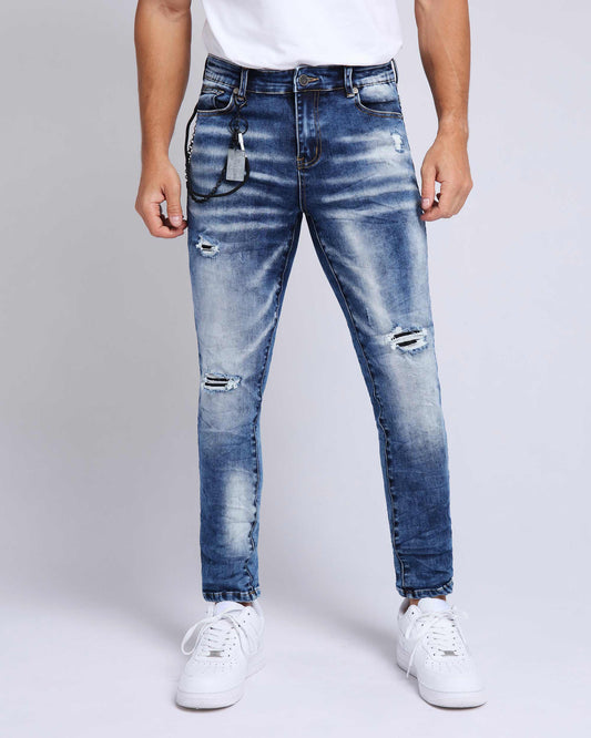 Slim Fit Washed Ripped Blue Jeans (Accessories random)