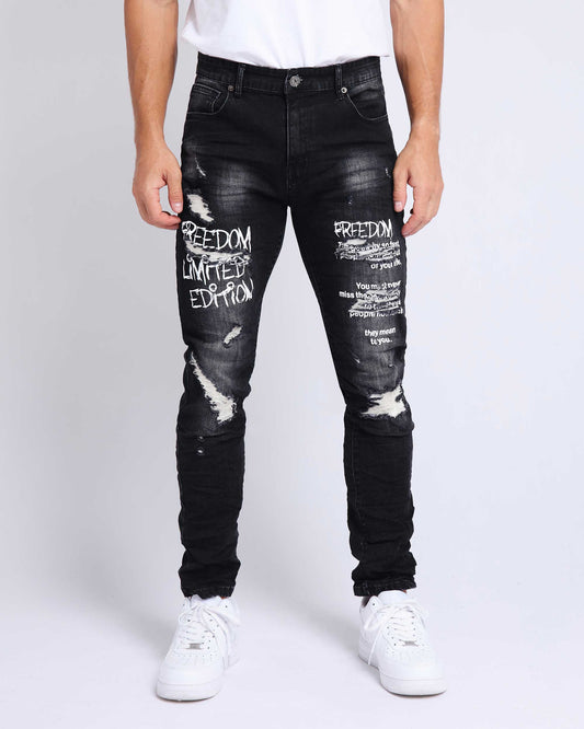 Gothic Graffiti Slim Fit Ripped Black Jeans