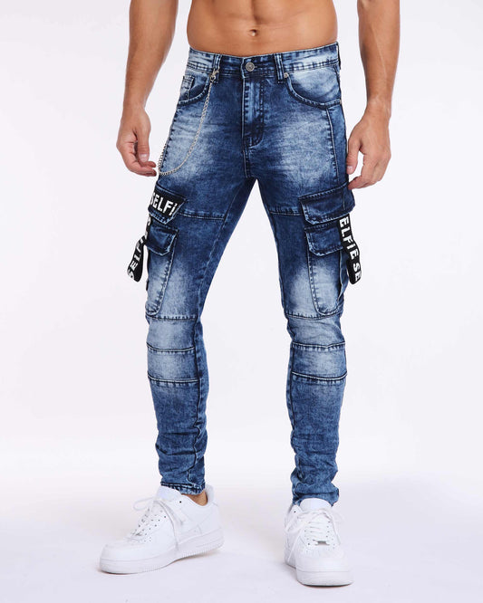 Printed Webbing Workwear Slim Fit Blue Jeans