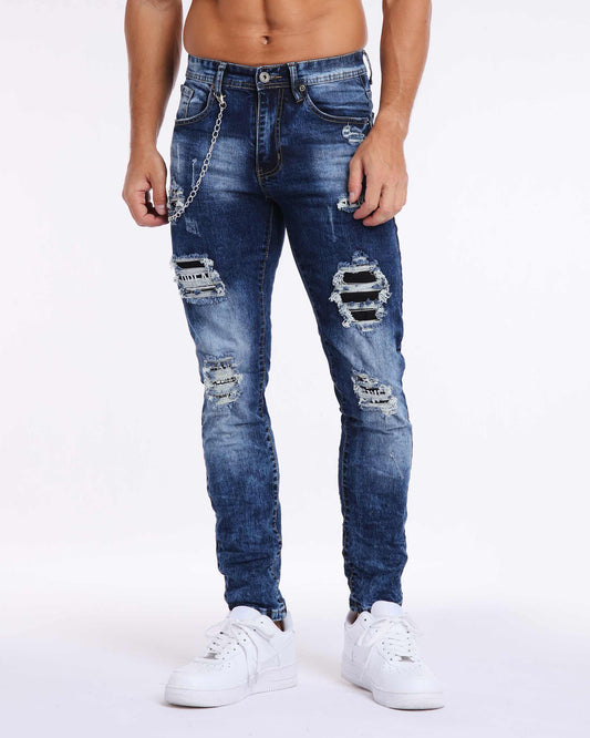 Dark Wash Slim Fit Blue Ripped Jeans