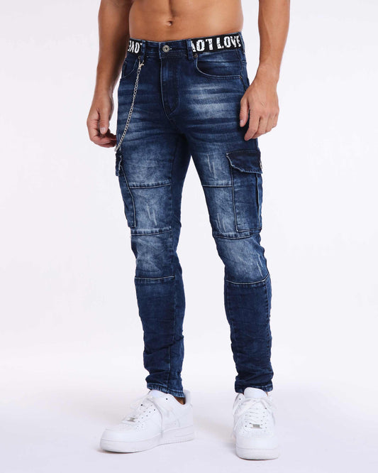 Printed Waist Slim Fit Workwear Blue Jeans