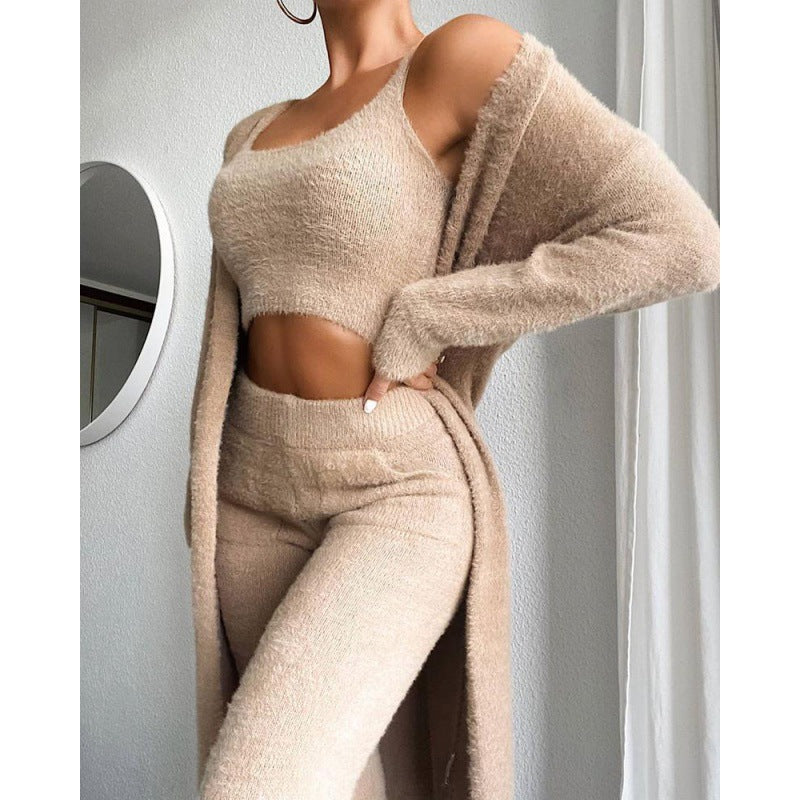 sexy V-neck plush short vest trousers three-piece set women's casual