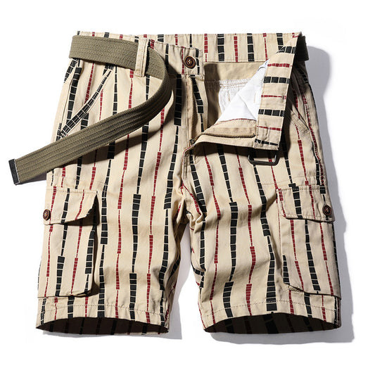Striped washed cotton pockets cargo pants bermuda