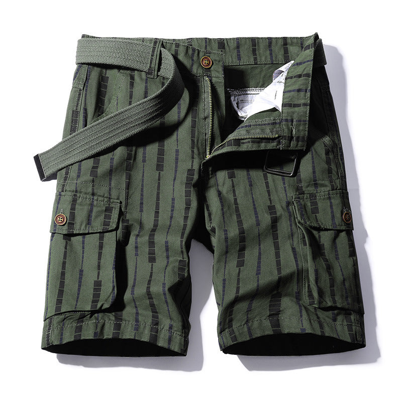 Striped washed cotton pockets cargo pants bermuda