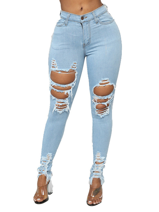 Trendy Hollow Out Solid Women Pencil Jeans