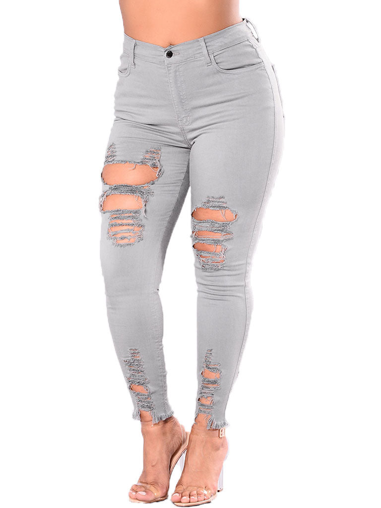 Trendy Hollow Out Solid Women Pencil Jeans