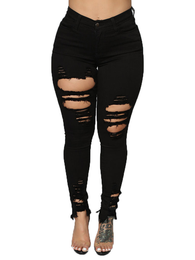 Trendy Hollow Out Solid Women Pencil Jeans