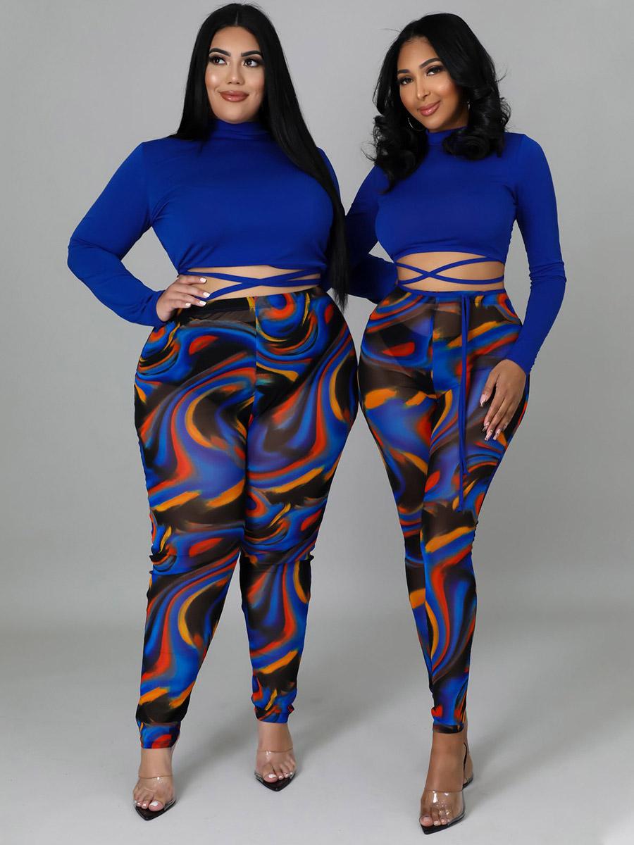 Plus Size Solid Crop Top And Print Pants Set