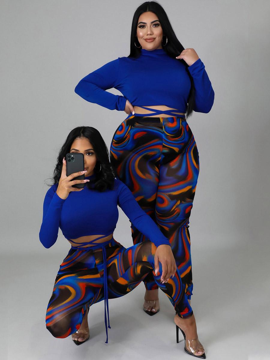 Plus Size Solid Crop Top And Print Pants Set