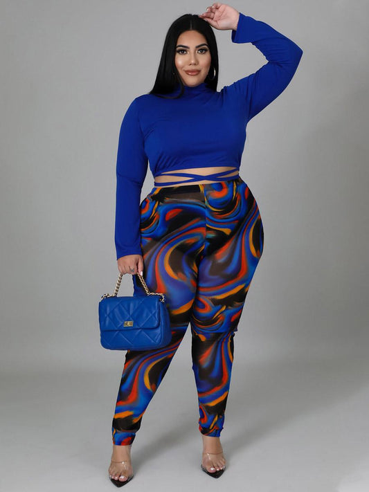 Plus Size Solid Crop Top And Print Pants Set