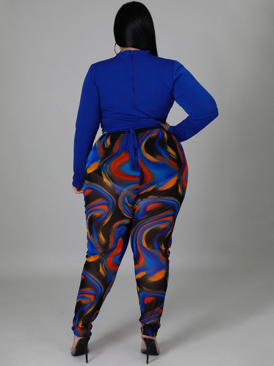 Plus Size Solid Crop Top And Print Pants Set