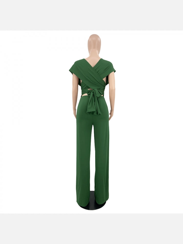 Fashionable V Neck Solid Wide Leg Jumpsuits