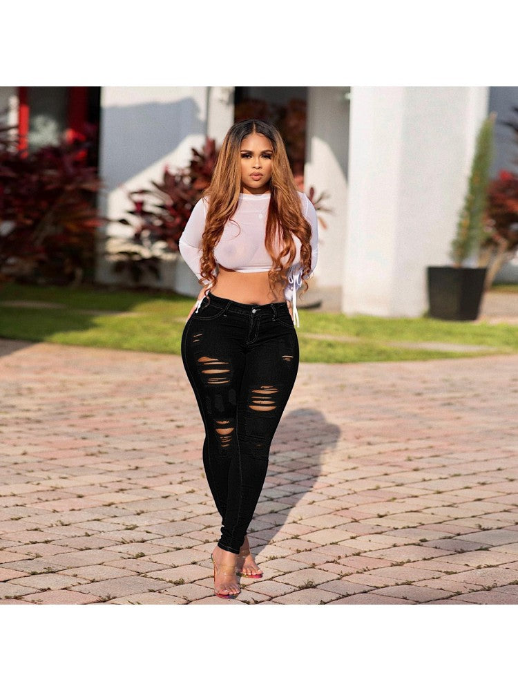 Women's Solid Color Ripped Jeans