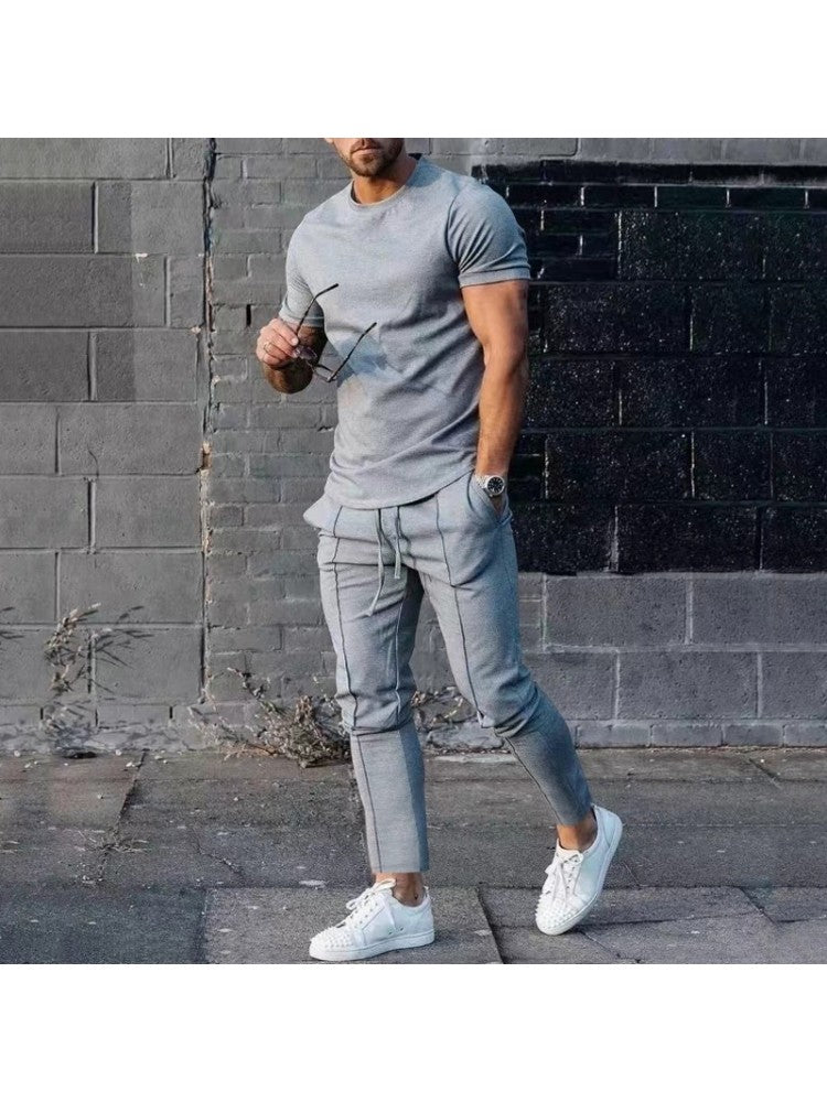 Men Solid Casual Short Sleeve Two Piece Pants Set