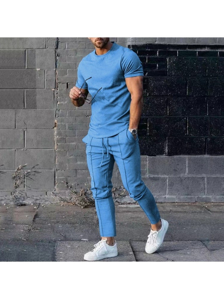 Men Solid Casual Short Sleeve Two Piece Pants Set