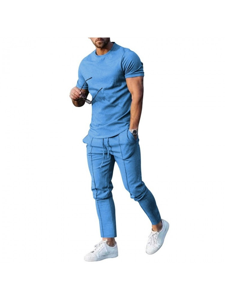 Men Solid Casual Short Sleeve Two Piece Pants Set