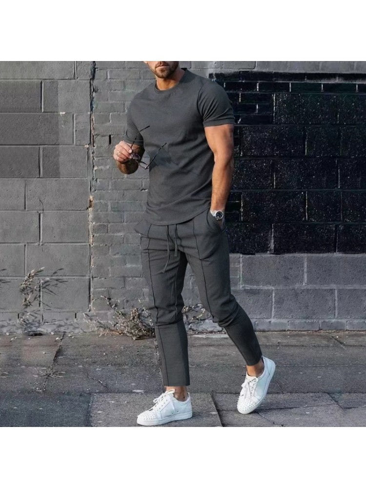 Men Solid Casual Short Sleeve Two Piece Pants Set