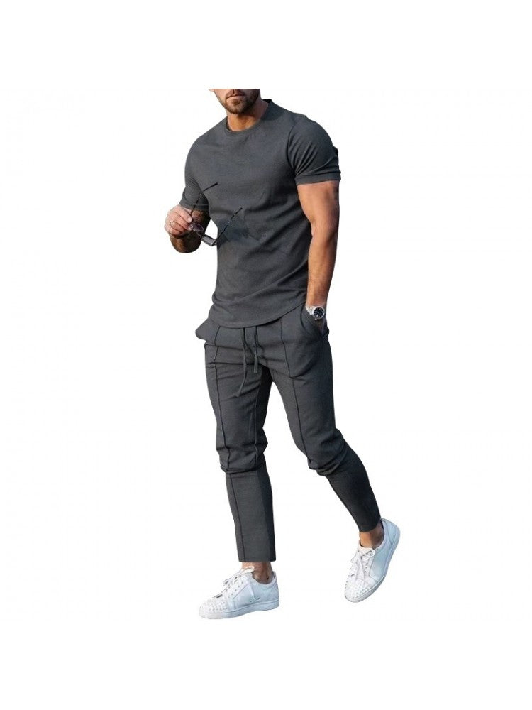 Men Solid Casual Short Sleeve Two Piece Pants Set