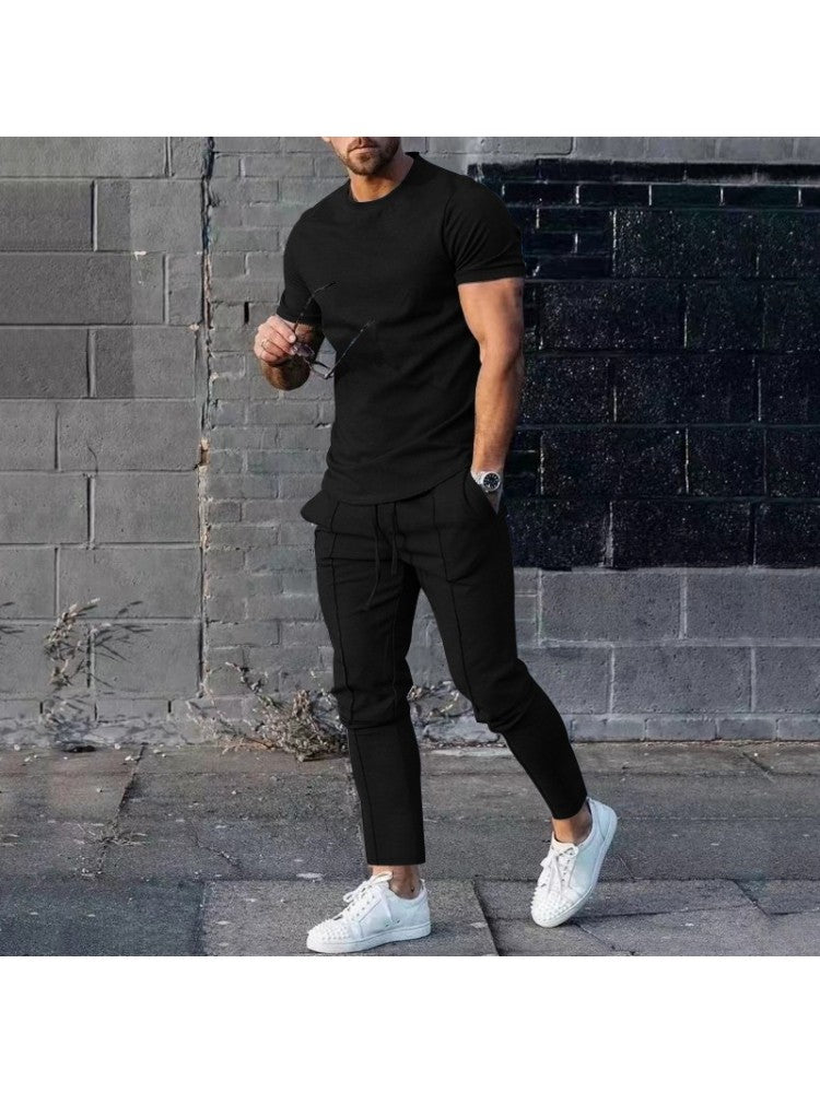 Men Solid Casual Short Sleeve Two Piece Pants Set