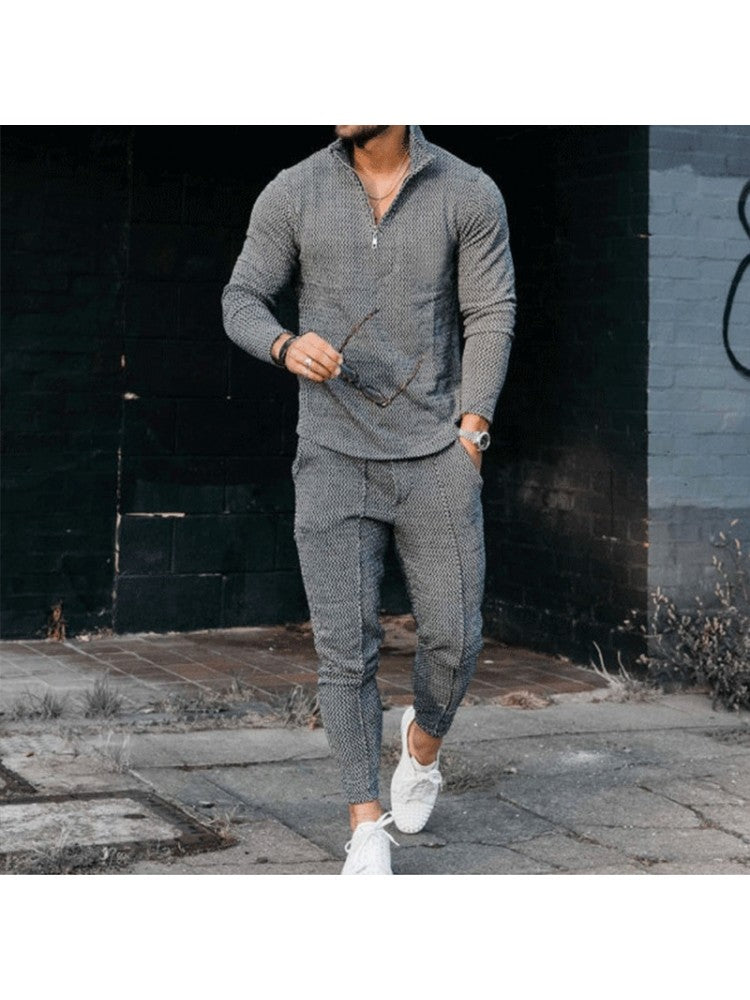 Pure Color Stand Collaring Top And Trouser Men's Suit