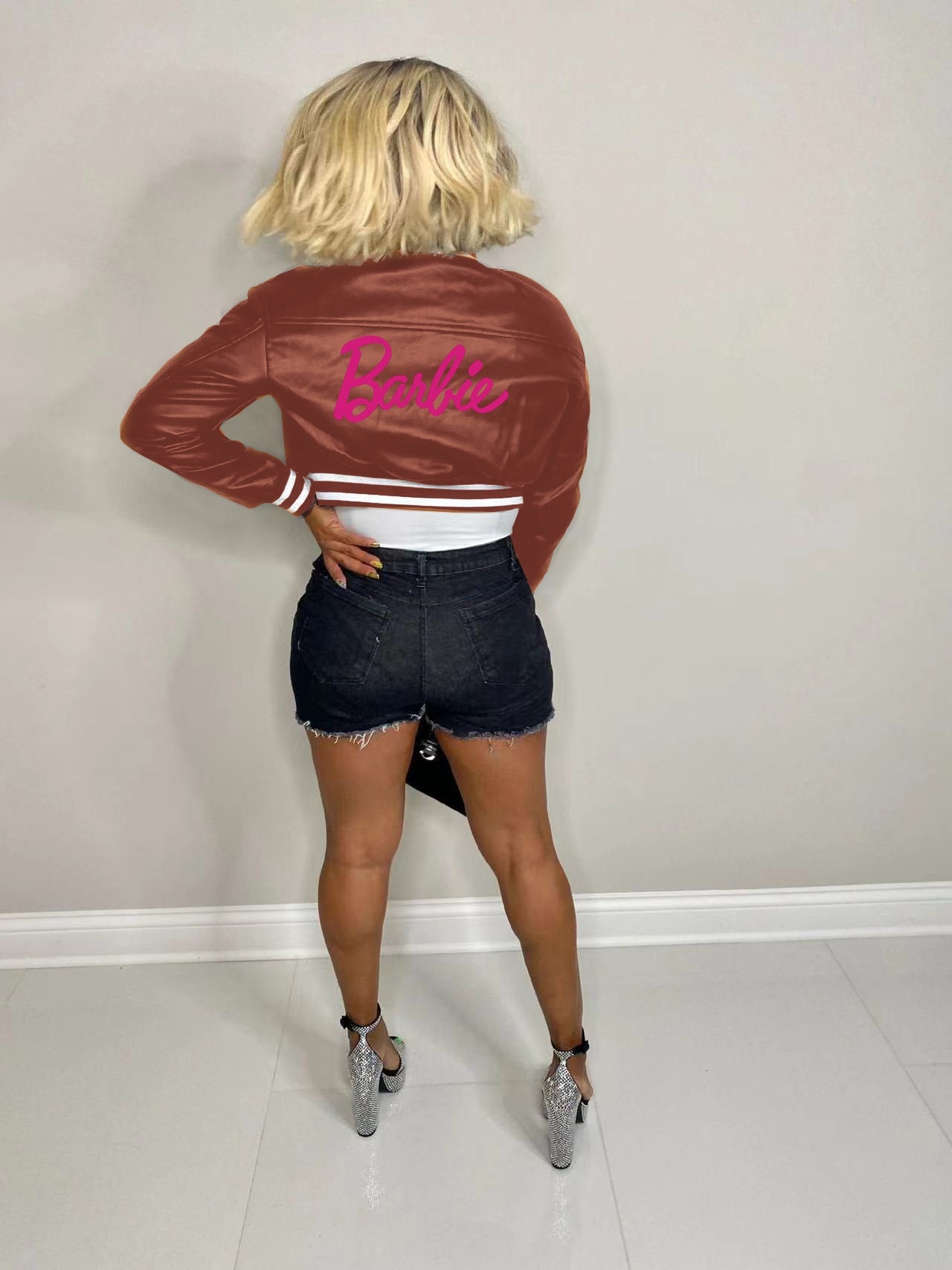 Fall Fashion PU Letter Barbie Pink Baseball Jackets