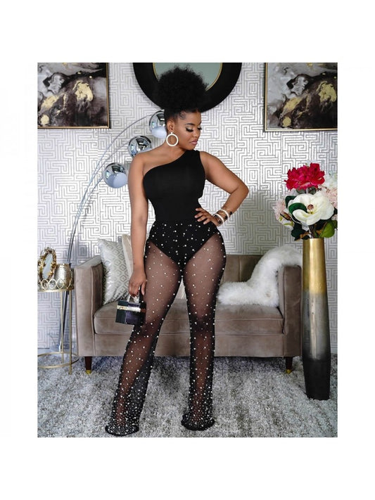 See Through Beaded One Shoulder Trouser Sets