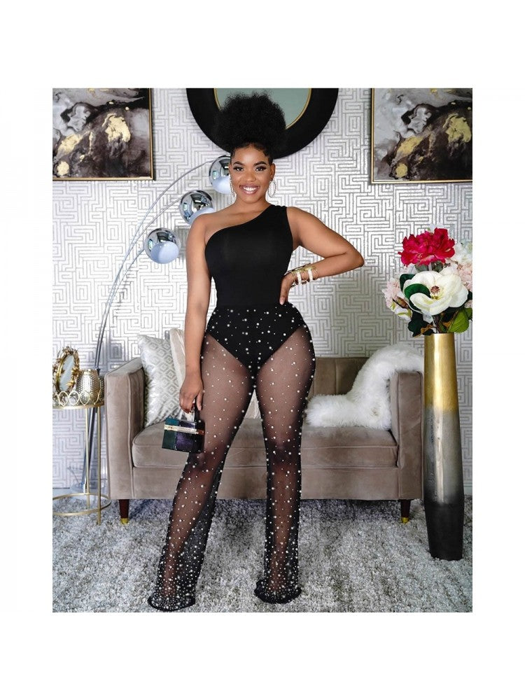 See Through Beaded One Shoulder Trouser Sets