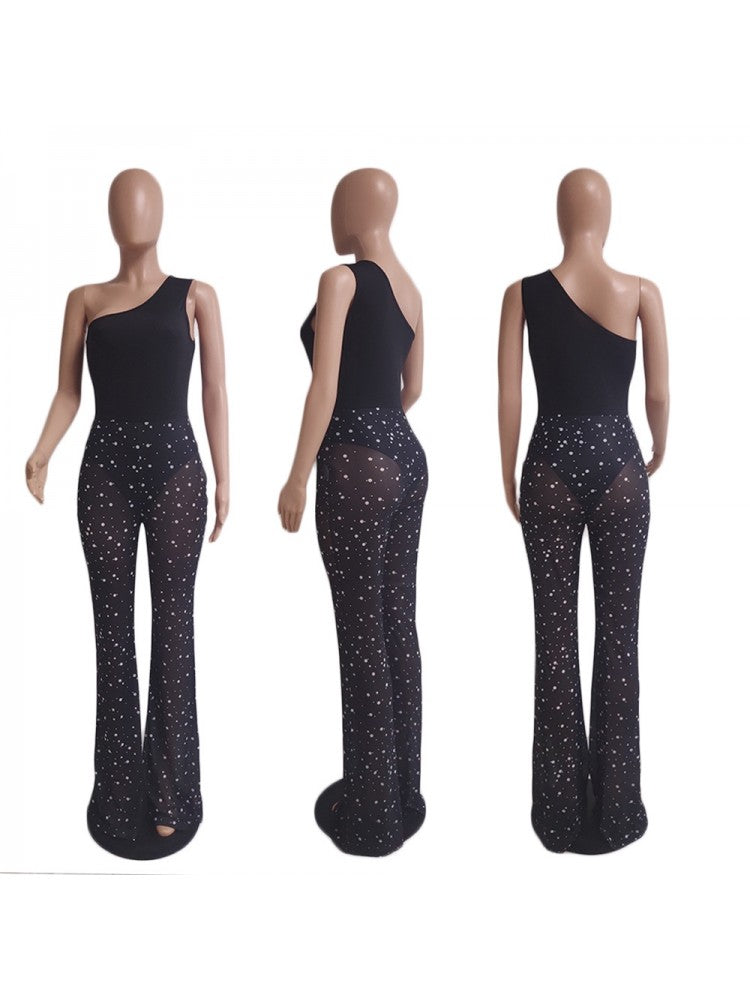 See Through Beaded One Shoulder Trouser Sets