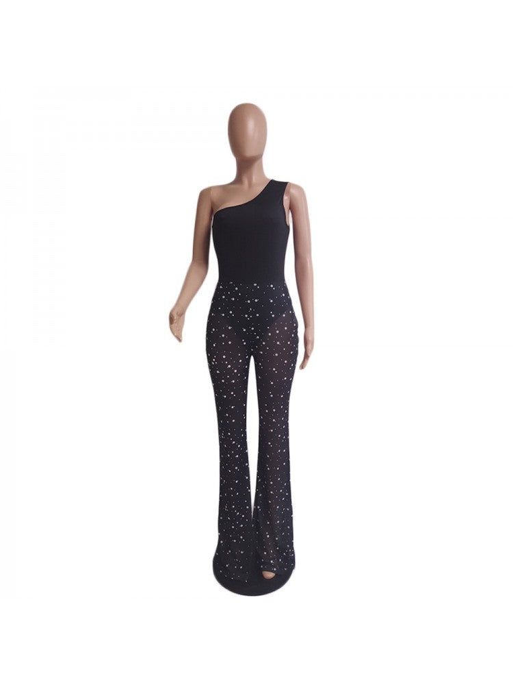 See Through Beaded One Shoulder Trouser Sets