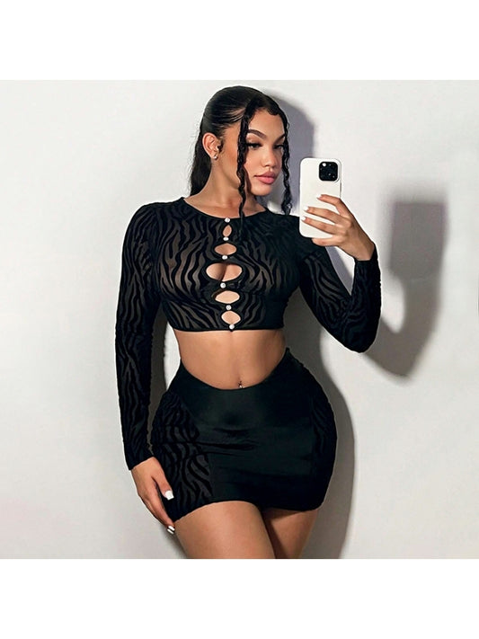 See Through Hollow Out Fitted Cropped Skirt Sets